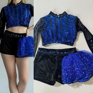 Glamour blue black solo 2 piece embellished Dance Costume Leotard XLC child